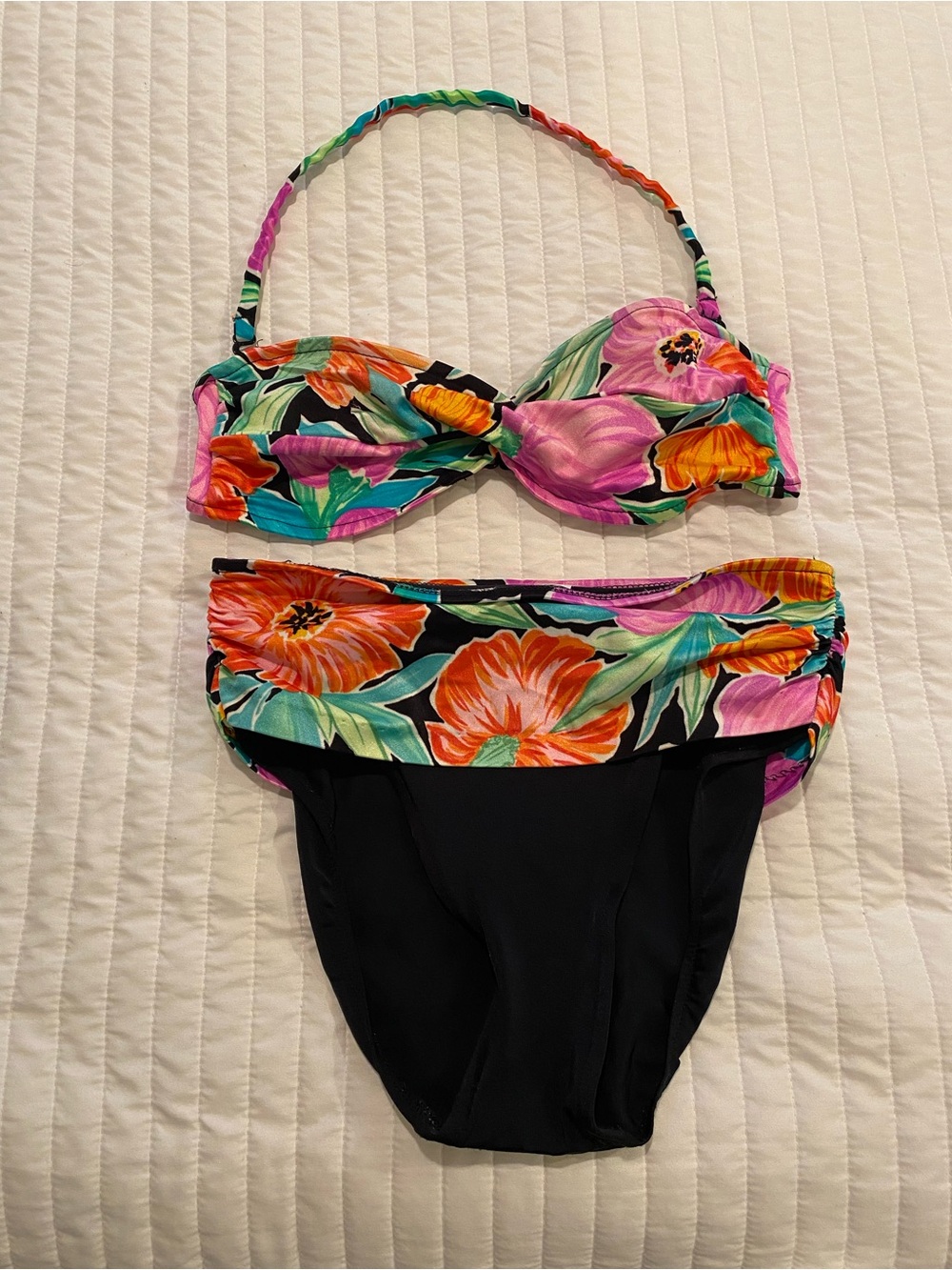 Catalina Vintage Floral Bikini Women Bandeau Swim Top High Cut Bottom Sz 10